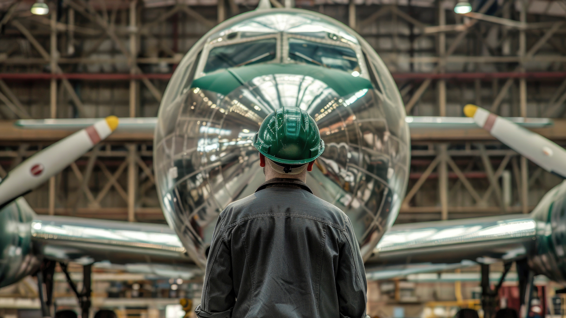 Engineer standing in front of an airplane inside a hangar, inspecting aircraft components related to aerospace 3D printing.